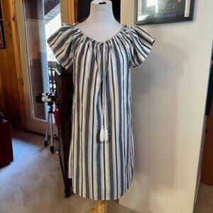 WRAPPER Blue, Light Gray and White Off Shoulder Dress - M